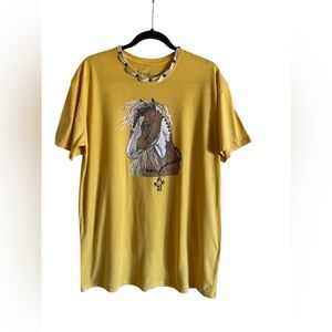 Women’s Arohoe Horse Beaded Cross Sparkly Studded Leather Western T-Shirt Large